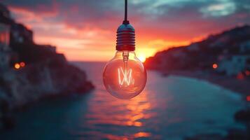 Sunset lightbulb over ocean village. photo