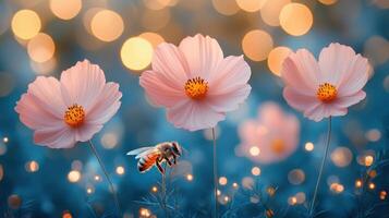 Three pink cosmos flowers with a bee. photo