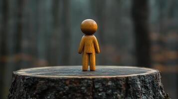 Wooden figure on tree stump in forest. photo