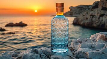 Sunset ocean view with textured glass bottle. photo