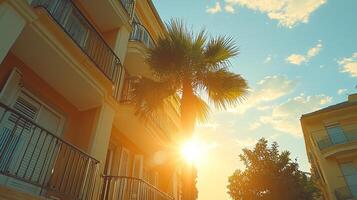 Sunset view of apartment building with palm tree. photo