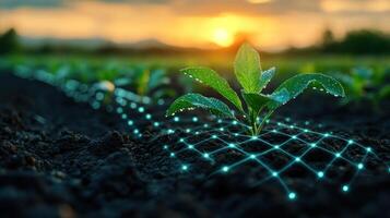 Young plant growing in fertile soil with futuristic network. photo