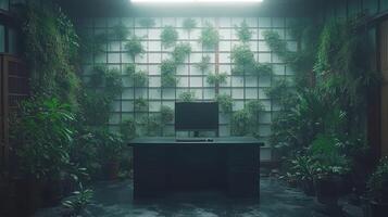 Tranquil indoor garden office with computer. photo