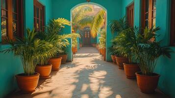 Sunlit turquoise hallway with potted plants. photo