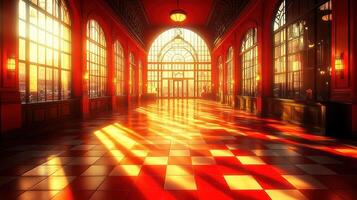 Sunlit red arcade interior with checkered floor. photo