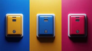 Three colorful light switches on vibrant background. photo