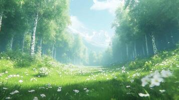 Sunlit path through a lush, flower-filled forest. photo