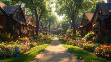 Sunlit street lined with colorful flowers and charming houses. photo