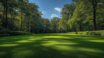 Sunny day in a lush green park with tall trees casting shadows on the grass. photo