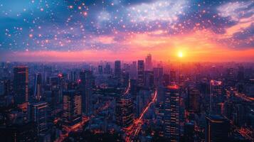 Sunset cityscape with glowing particles. photo