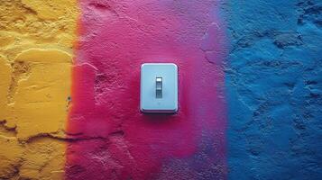 White light switch on colorful textured wall. photo