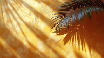 Sunlit palm leaf shadow on yellow wall. photo