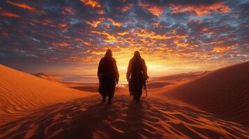 Two figures walk into a fiery desert sunset. photo