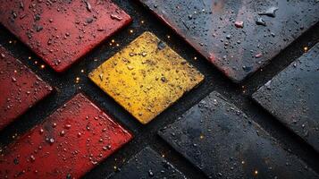 Wet, textured diamond-shaped tiles in red, black, and yellow. photo