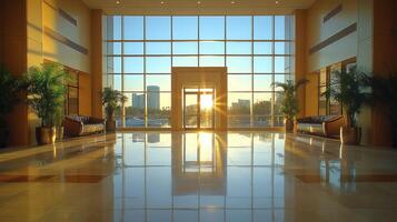 Sunlit lobby with city view and marble floor. photo