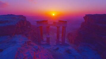 Sunset over ancient ruins in a desert landscape. photo