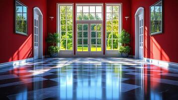 Sunlit red room with checkered floor and garden view. photo