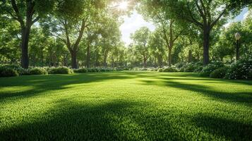Sunlit green park with lush trees and grass. photo
