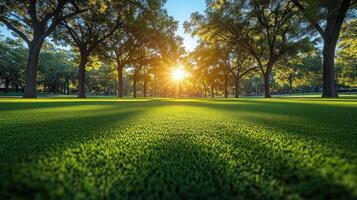 Sunlit park with lush green grass and trees. photo