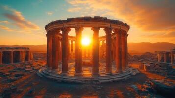 Sunset illuminating ancient circular temple ruins. photo