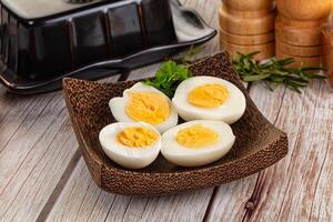 A bowl of boiled eggs on a table photo