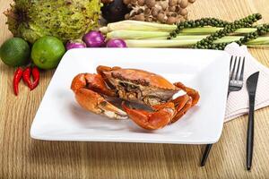 A crab on a plate with vegetables and a knife photo