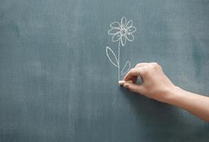 A hand drawing a flower on a chalkboard photo