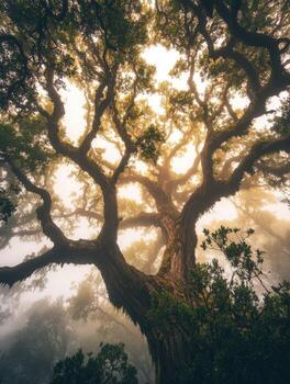 A large tree in the fog with sunlight shining through photo
