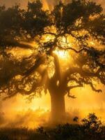 The sun shines through the branches of an oak tree photo