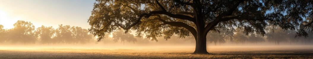 A tree stands in a field with fog and sun photo
