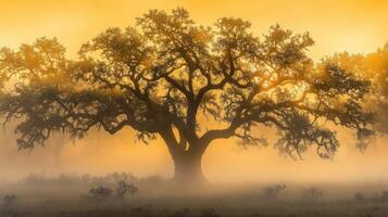 A tree in the fog with a yellow sun photo