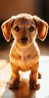 A small brown dog standing on a wooden floor photo