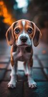 A beagle puppy standing on a brick walkway photo