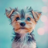 A small dog with blue eyes looking up photo