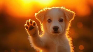 A puppy is waving its paw in the air photo