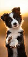 A black and white puppy standing on its hind legs photo