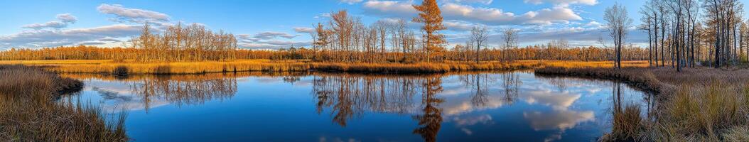 A pond in the middle of a field with trees and grass photo