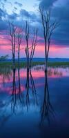 Trees in the water at sunset with a pink sky photo