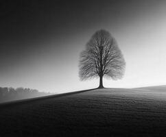 A lone tree stands in the middle of a foggy field photo