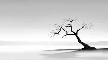 A black and white photo of a tree on the shore