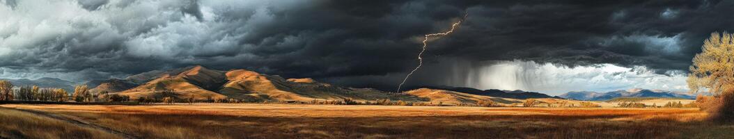 A storm is coming over a field with a lightning bolt photo
