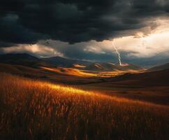 A lightning bolt strikes through the clouds over a field photo