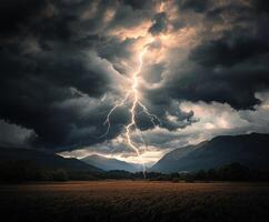 Lightning bolt striking through the sky over a field photo