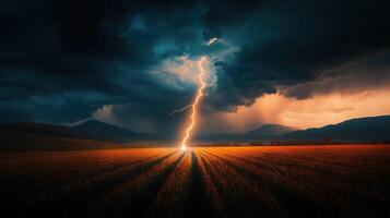 Lightning bolt striking a field with a dark sky photo