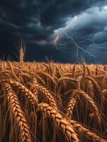A field of wheat with lightning and storm clouds photo