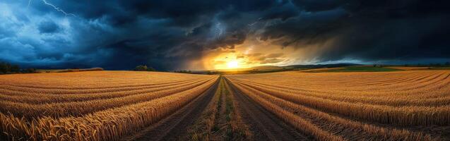A field with a road and storm clouds photo