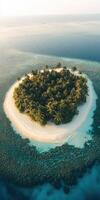 Aerial view of tropical island in the middle of the ocean with palm trees photo