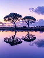 Two trees are reflected in the water at sunset photo
