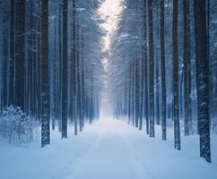 A snowy path in the middle of a forest photo