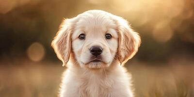 A golden retriever puppy is sitting in the grass photo